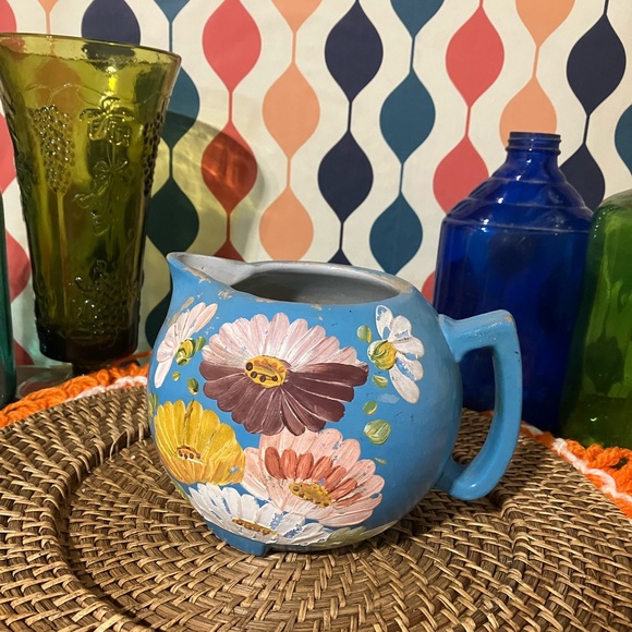 Rare Vintage Ransburg Sky Blue Hand Painted Floral Pitcher - Picture 3 of 9